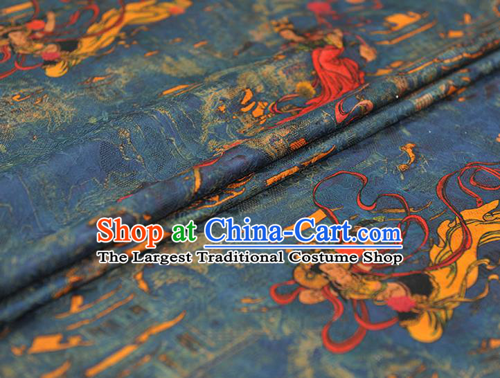 Chinese Cheongsam Traditional Silk Fabric Blue Gambiered Guangdong Gauze Classical Flying Goddess Pattern Silk Material