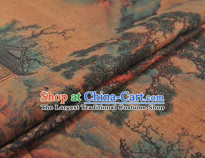 Chinese Cheongsam Gambiered Guangdong Gauze Traditional Jacquard Brown Fabric Classical Hill Pavilion Pattern Silk Cloth
