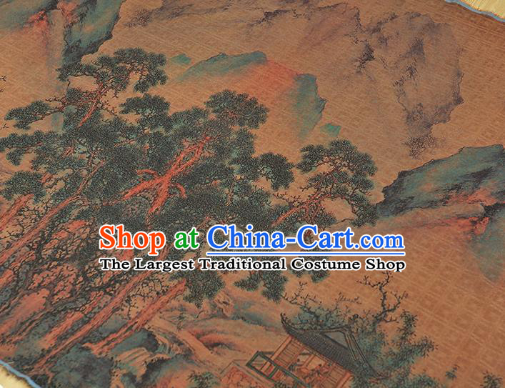 Chinese Cheongsam Gambiered Guangdong Gauze Traditional Jacquard Brown Fabric Classical Hill Pavilion Pattern Silk Cloth