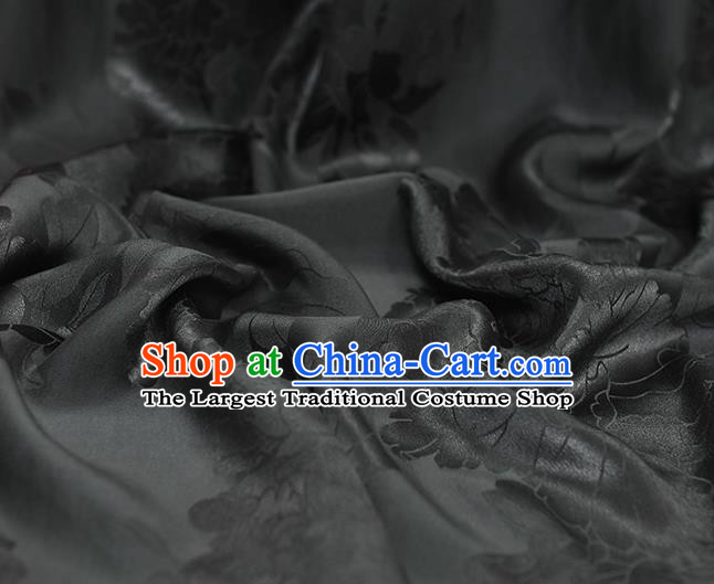 Traditional Classical Satin Material Gambiered Guangdong Gauze Chinese Cheongsam Jacquard Peony Black Silk Fabric