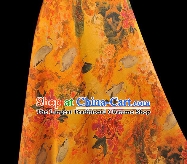 Traditional Cheongsam Ginger Gambiered Guangdong Gauze Chinese Classical Crane Peony Pattern Silk Fabric Jacquard Material