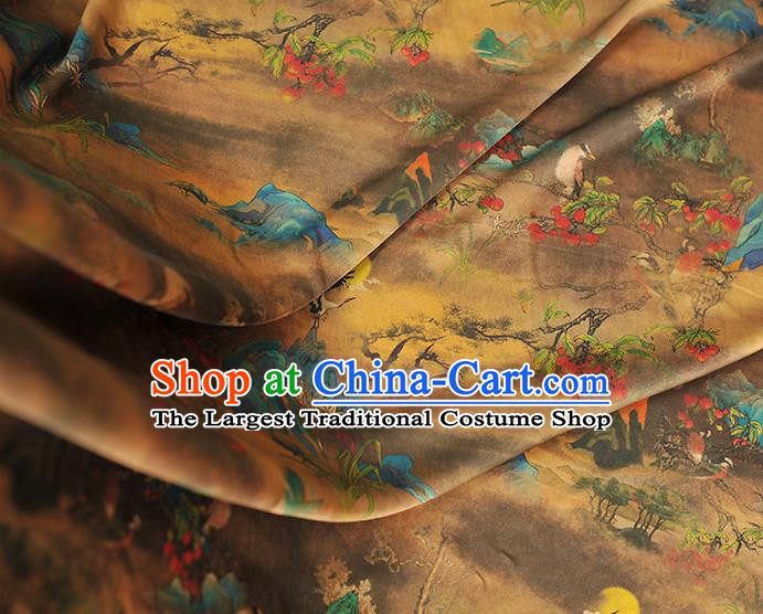 Chinese Classical Landscape Pattern Silk Fabric Traditional Cheongsam Brown Gambiered Guangdong Gauze Jacquard Material