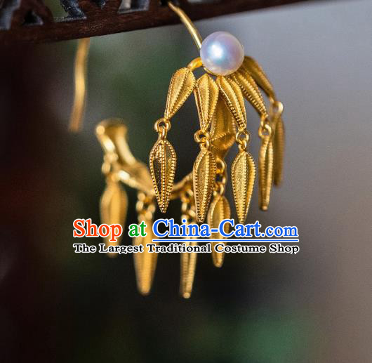 China Traditional Ancient Court Bamboo Leaf Ear Jewelry Ming Dynasty Empress Gilding Pearl Earrings