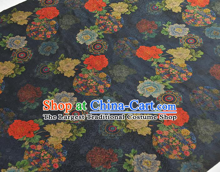 Chinese Classical Peony Pattern Silk Fabric Cheongsam Navy Gambiered Guangdong Gauze Traditional Cloth Material