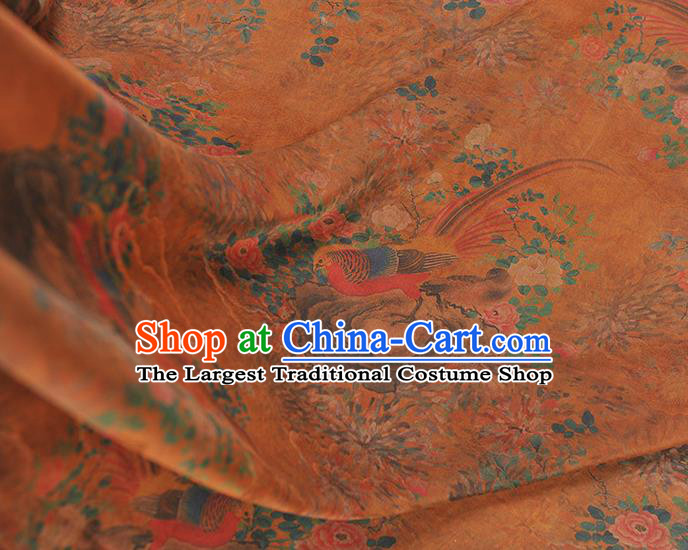 Chinese Classical Peony Birds Pattern Silk Fabric Cheongsam Gambiered Guangdong Gauze Material Traditional Ginger Silk Cloth