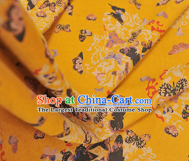 Chinese Traditional Butterfly Pattern Yellow Silk Fabric Cheongsam Gambiered Guangdong Gauze