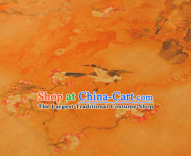 Chinese Yellow Gambiered Guangdong Gauze Traditional Plum Birds Pattern Silk Fabric Classical Cheongsam Satin Material