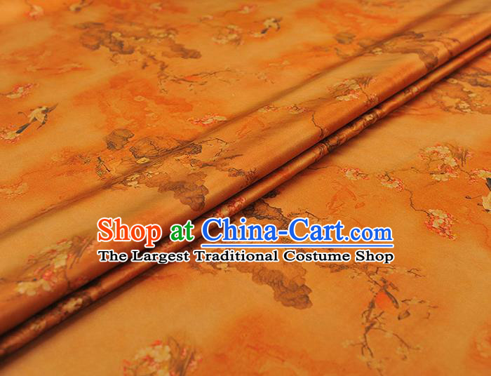 Chinese Yellow Gambiered Guangdong Gauze Traditional Plum Birds Pattern Silk Fabric Classical Cheongsam Satin Material