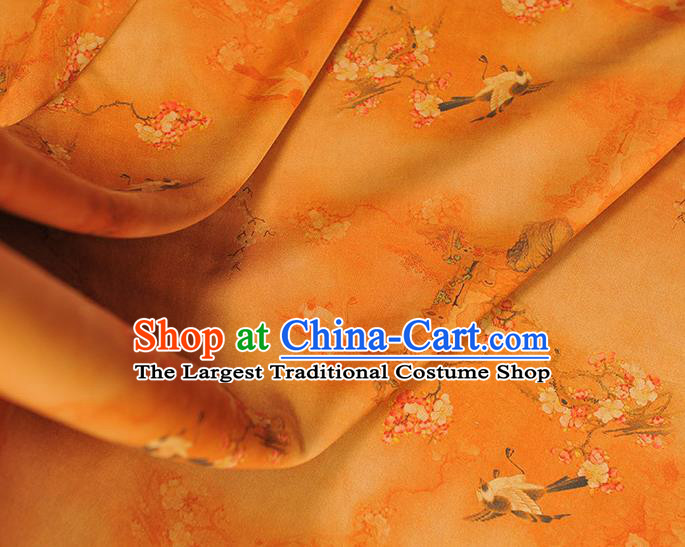 Chinese Yellow Gambiered Guangdong Gauze Traditional Plum Birds Pattern Silk Fabric Classical Cheongsam Satin Material