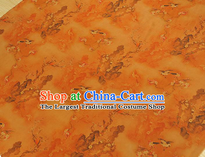 Chinese Yellow Gambiered Guangdong Gauze Traditional Plum Birds Pattern Silk Fabric Classical Cheongsam Satin Material