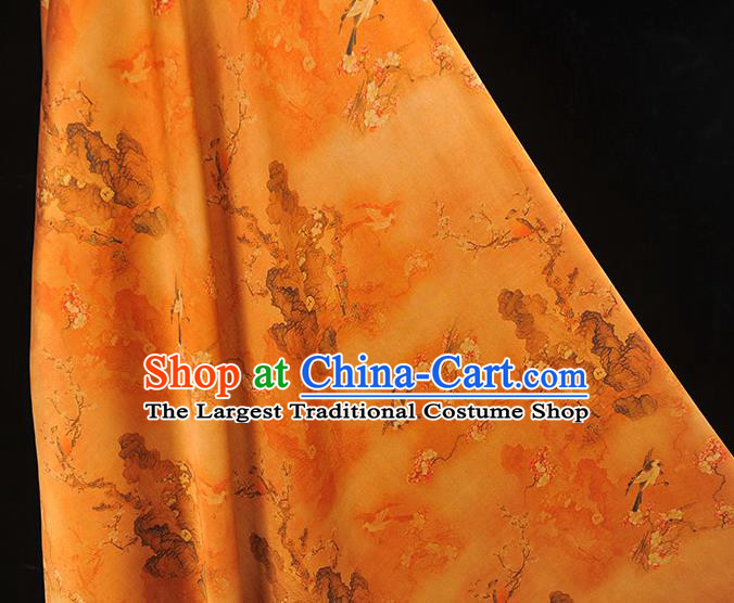 Chinese Yellow Gambiered Guangdong Gauze Traditional Plum Birds Pattern Silk Fabric Classical Cheongsam Satin Material