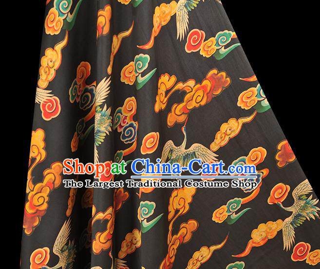 Chinese Traditional Cheongsam Gambiered Guangdong Gauze Classical Cloud Cranes Pattern Silk Cloth Black Satin Fabric