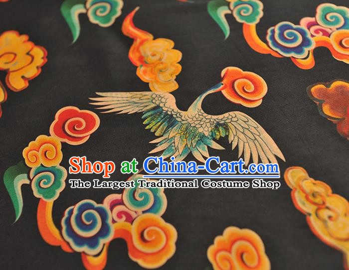 Chinese Traditional Cheongsam Gambiered Guangdong Gauze Classical Cloud Cranes Pattern Silk Cloth Black Satin Fabric