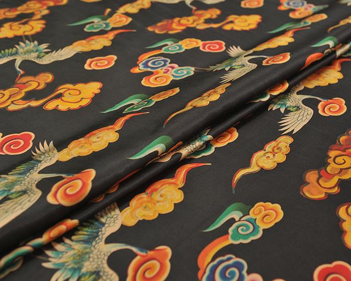 Chinese Traditional Cheongsam Gambiered Guangdong Gauze Classical Cloud Cranes Pattern Silk Cloth Black Satin Fabric