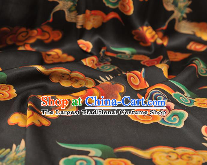 Chinese Traditional Cheongsam Gambiered Guangdong Gauze Classical Cloud Cranes Pattern Silk Cloth Black Satin Fabric