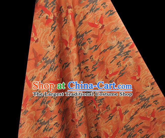 Chinese Classical Cranes Pattern Silk Cloth Rust Red Satin Fabric Traditional Cheongsam Gambiered Guangdong Gauze