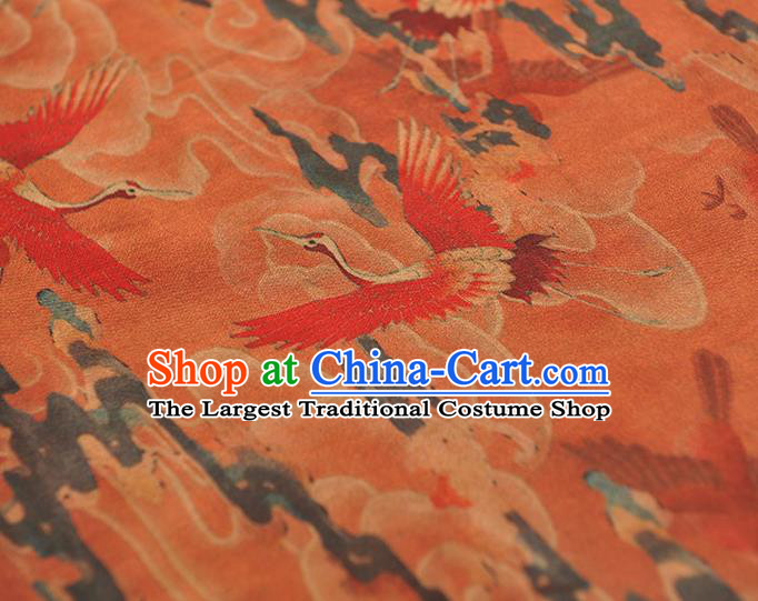 Chinese Classical Cranes Pattern Silk Cloth Rust Red Satin Fabric Traditional Cheongsam Gambiered Guangdong Gauze