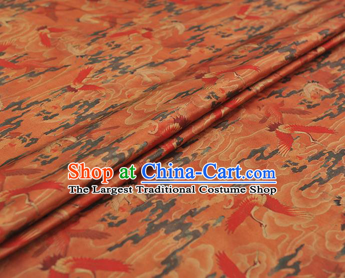 Chinese Classical Cranes Pattern Silk Cloth Rust Red Satin Fabric Traditional Cheongsam Gambiered Guangdong Gauze