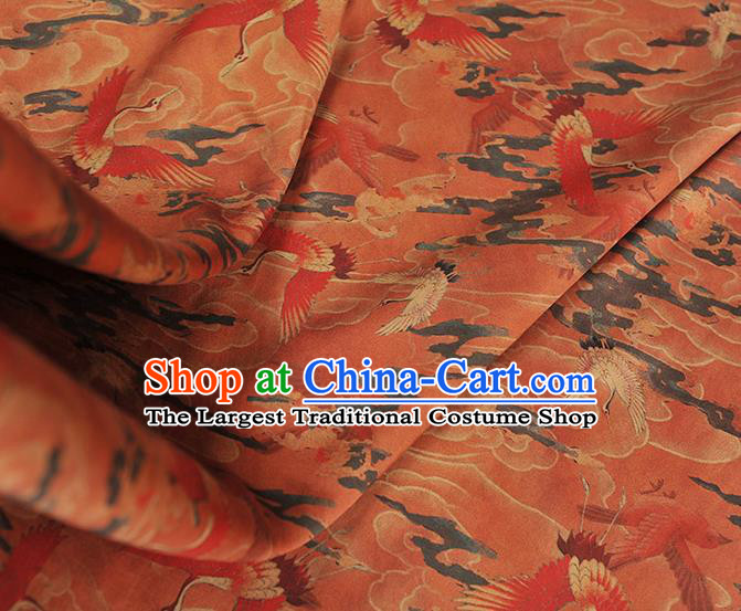 Chinese Classical Cranes Pattern Silk Cloth Rust Red Satin Fabric Traditional Cheongsam Gambiered Guangdong Gauze