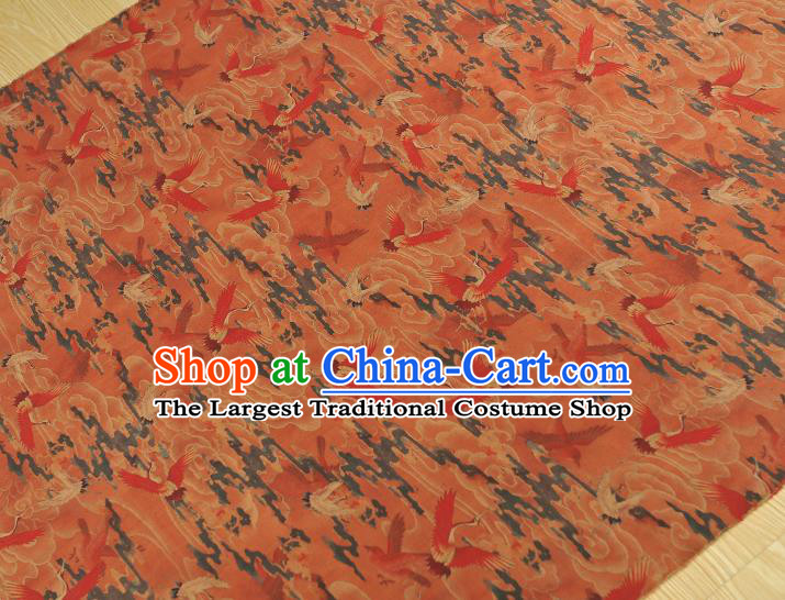 Chinese Classical Cranes Pattern Silk Cloth Rust Red Satin Fabric Traditional Cheongsam Gambiered Guangdong Gauze