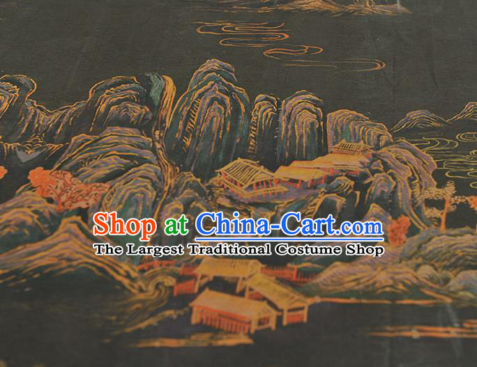 Top Silk Material Chinese Traditional Landscape Pattern Fabric Classical Cheongsam Black Gambiered Guangdong Gauze