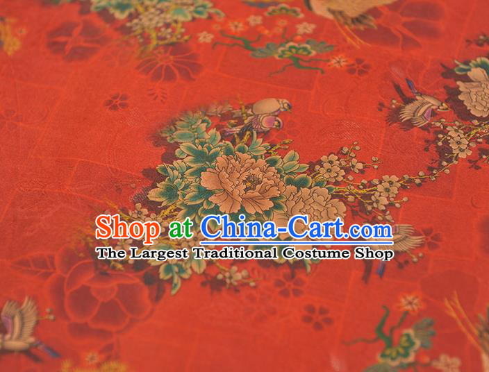 Chinese Cheongsam Gambiered Guangdong Gauze Traditional Top Cloth Fabric Classical Peony Crane Pattern Red Silk Material