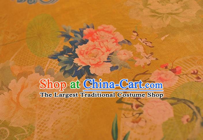 Chinese Traditional Top Cloth Fabric Classical Peony Pattern Yellow Silk Material Cheongsam Gambiered Guangdong Gauze