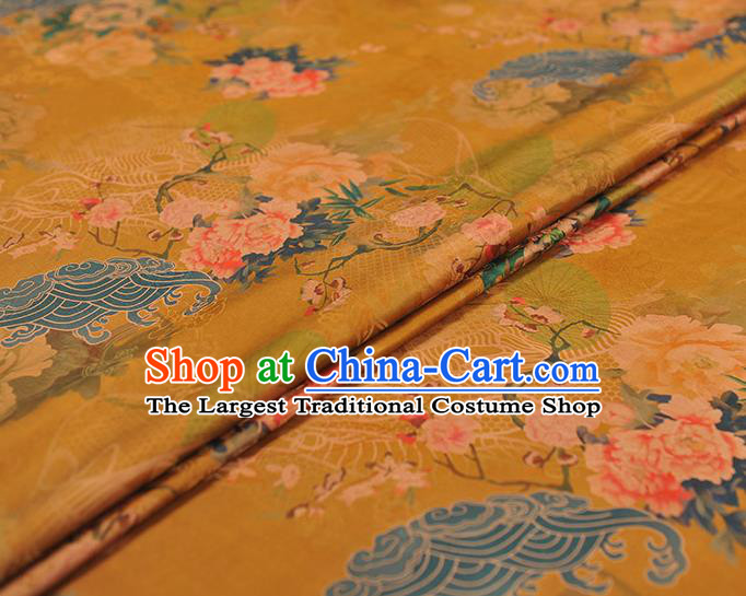 Chinese Traditional Top Cloth Fabric Classical Peony Pattern Yellow Silk Material Cheongsam Gambiered Guangdong Gauze