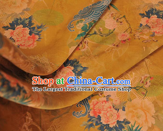 Chinese Traditional Top Cloth Fabric Classical Peony Pattern Yellow Silk Material Cheongsam Gambiered Guangdong Gauze