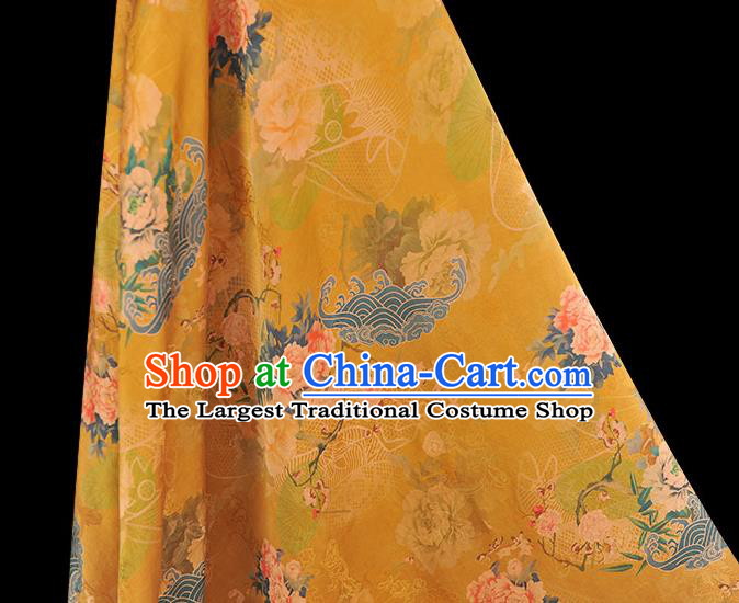 Chinese Traditional Top Cloth Fabric Classical Peony Pattern Yellow Silk Material Cheongsam Gambiered Guangdong Gauze