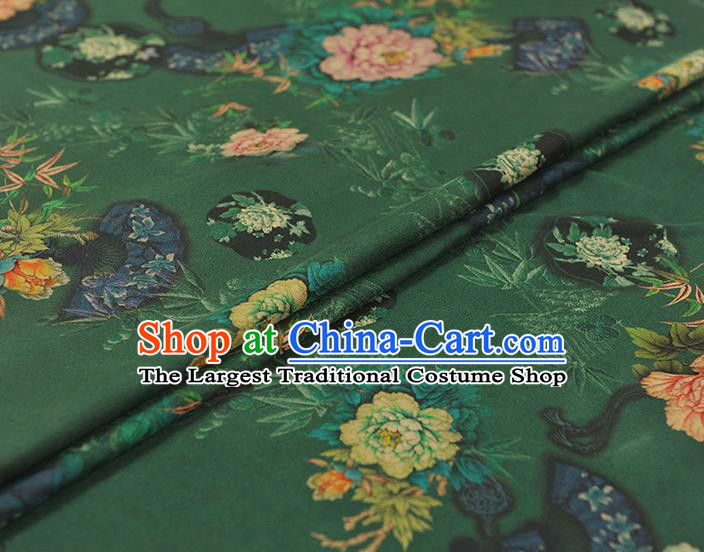 Top Chinese Classical Peony Bamboo Fan Pattern Silk Material Cheongsam Green Gambiered Guangdong Gauze Traditional Cloth Fabric