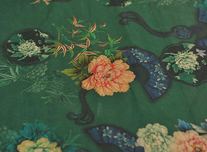 Top Chinese Classical Peony Bamboo Fan Pattern Silk Material Cheongsam Green Gambiered Guangdong Gauze Traditional Cloth Fabric