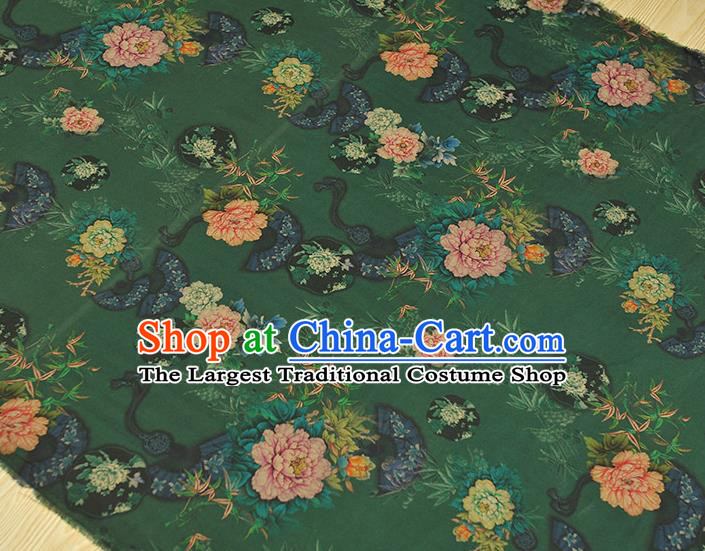 Top Chinese Classical Peony Bamboo Fan Pattern Silk Material Cheongsam Green Gambiered Guangdong Gauze Traditional Cloth Fabric