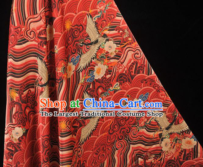 Chinese Classical Wave Crane Pattern Red Silk Material Traditional Gambiered Guangdong Gauze Cheongsam Satin Cloth Fabric