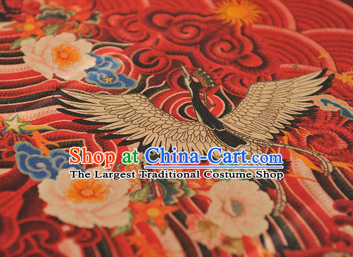 Chinese Classical Wave Crane Pattern Red Silk Material Traditional Gambiered Guangdong Gauze Cheongsam Satin Cloth Fabric