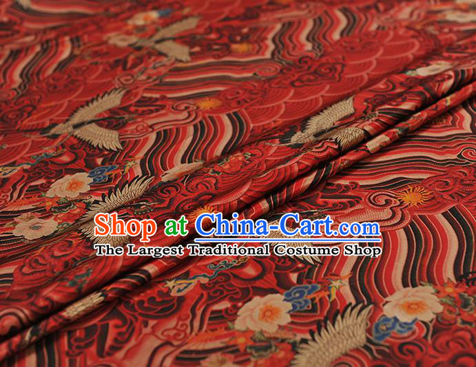 Chinese Classical Wave Crane Pattern Red Silk Material Traditional Gambiered Guangdong Gauze Cheongsam Satin Cloth Fabric