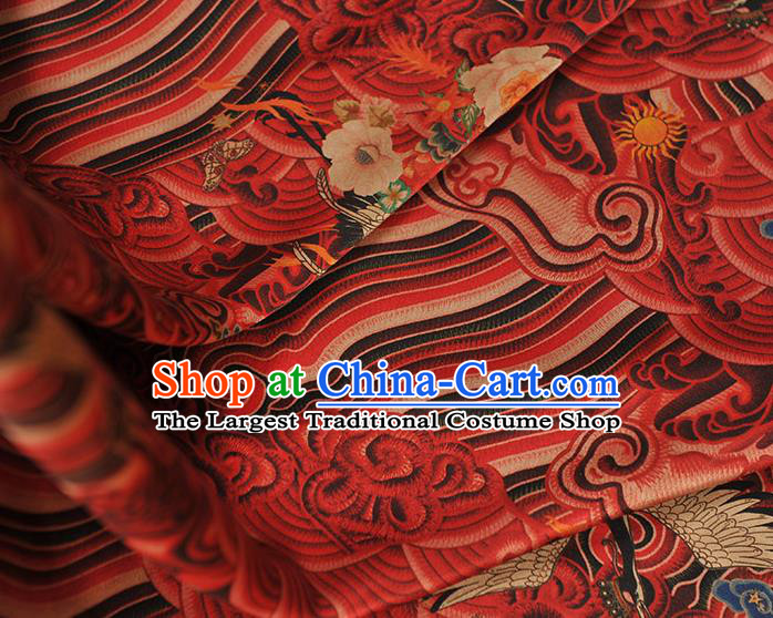 Chinese Classical Wave Crane Pattern Red Silk Material Traditional Gambiered Guangdong Gauze Cheongsam Satin Cloth Fabric