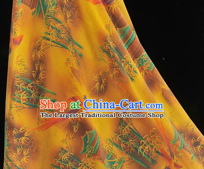 Chinese Cheongsam Gambiered Guangdong Gauze Classical Bamboo Bird Pattern Yellow Silk Material Traditional Satin Fabric