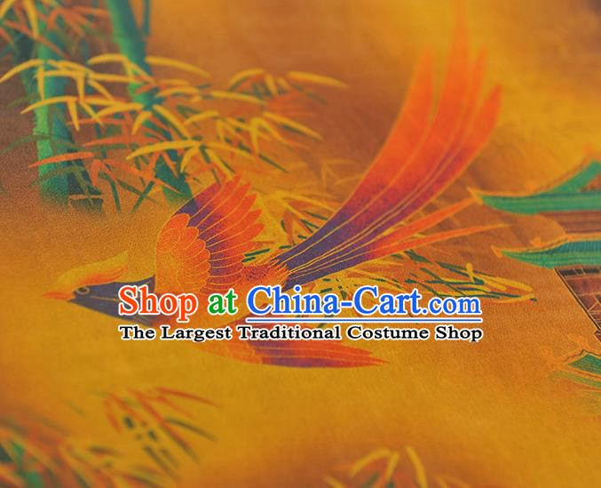 Chinese Cheongsam Gambiered Guangdong Gauze Classical Bamboo Bird Pattern Yellow Silk Material Traditional Satin Fabric