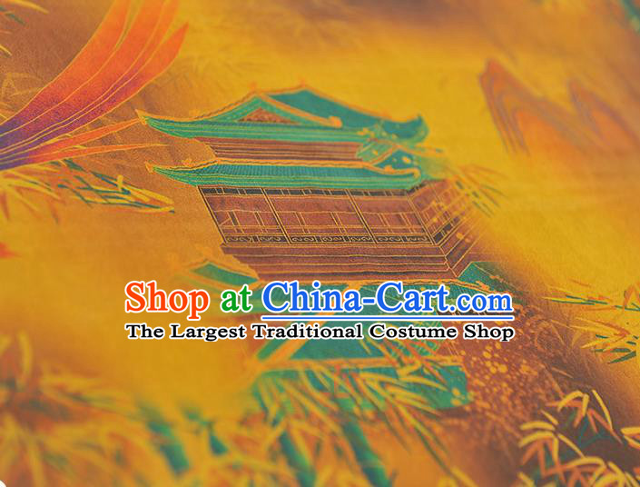 Chinese Cheongsam Gambiered Guangdong Gauze Classical Bamboo Bird Pattern Yellow Silk Material Traditional Satin Fabric