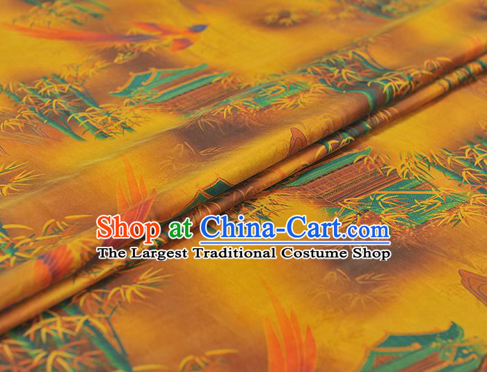Chinese Cheongsam Gambiered Guangdong Gauze Classical Bamboo Bird Pattern Yellow Silk Material Traditional Satin Fabric
