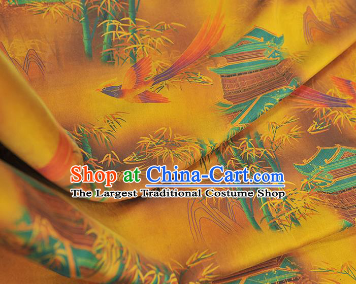 Chinese Cheongsam Gambiered Guangdong Gauze Classical Bamboo Bird Pattern Yellow Silk Material Traditional Satin Fabric