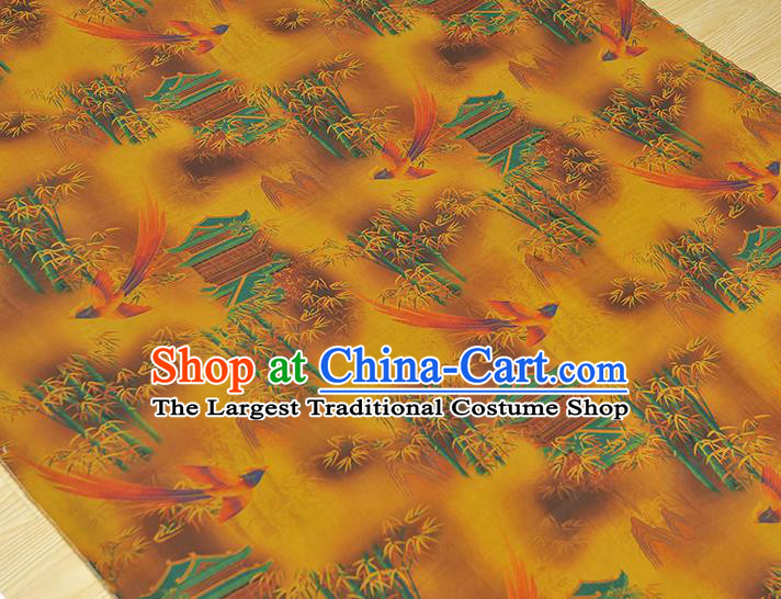 Chinese Cheongsam Gambiered Guangdong Gauze Classical Bamboo Bird Pattern Yellow Silk Material Traditional Satin Fabric