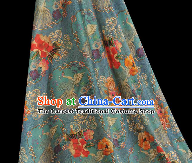 Top Chinese Classical Crane Peony Pattern Silk Material Cheongsam Gambiered Guangdong Gauze Traditional Cloth Blue Satin Fabric