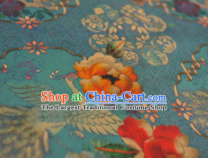 Top Chinese Classical Crane Peony Pattern Silk Material Cheongsam Gambiered Guangdong Gauze Traditional Cloth Blue Satin Fabric