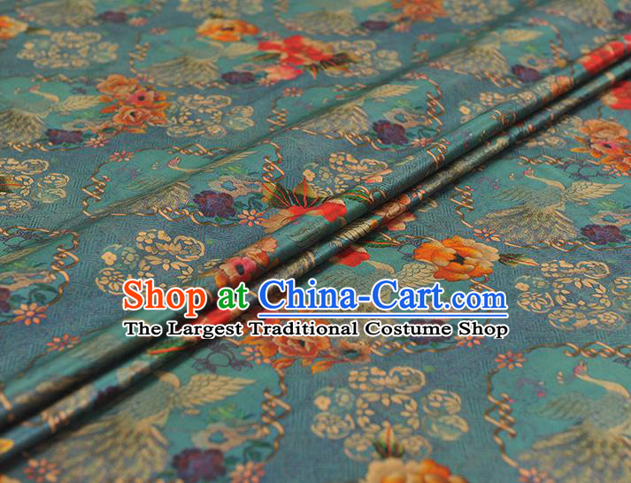Top Chinese Classical Crane Peony Pattern Silk Material Cheongsam Gambiered Guangdong Gauze Traditional Cloth Blue Satin Fabric