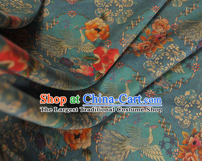 Top Chinese Classical Crane Peony Pattern Silk Material Cheongsam Gambiered Guangdong Gauze Traditional Cloth Blue Satin Fabric