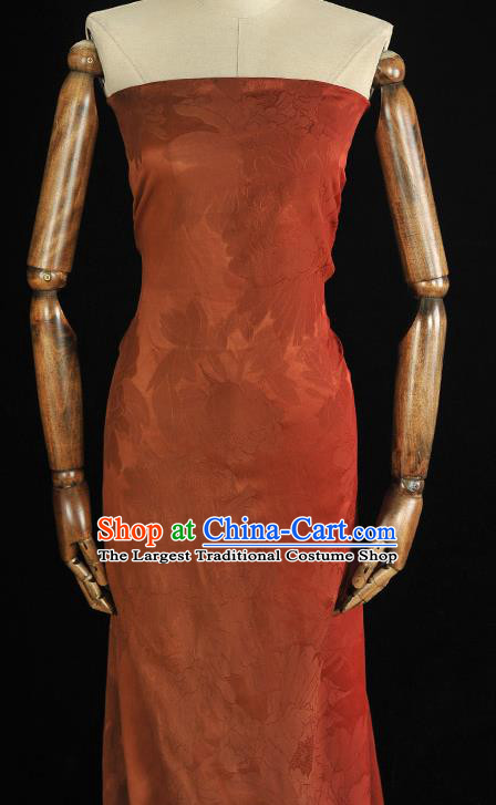 Chinese Traditional Cheongsam Fabric Gambiered Guangdong Gauze Classical Silk Material Jacquard Peony Rust Red Satin