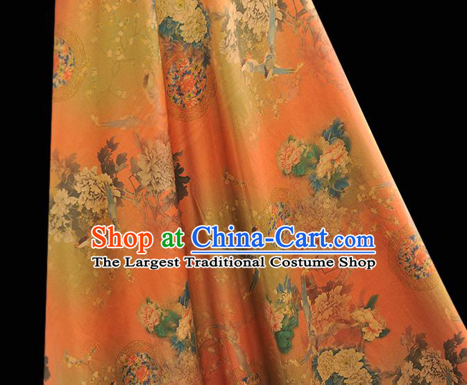 Chinese Orange Satin Traditional Cheongsam Fabric Classical Peony Birds Pattern Silk Material