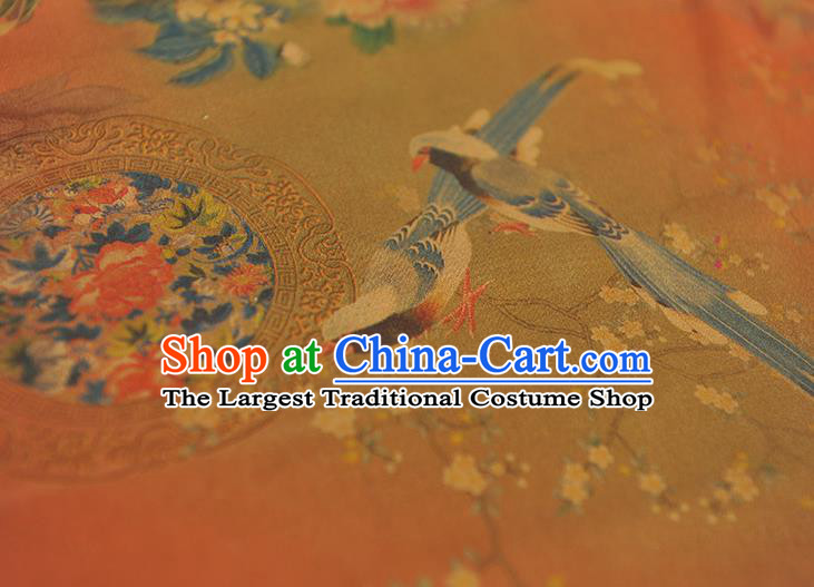 Chinese Orange Satin Traditional Cheongsam Fabric Classical Peony Birds Pattern Silk Material